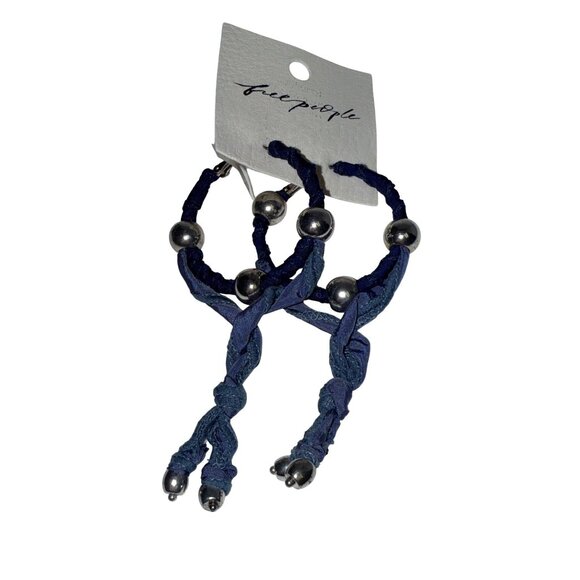 Free People Jewelry - Free People Women's Earrings Blue Fabric Wrapped Hoops Silver Beads NEW Boho